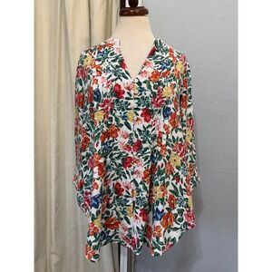 Intro Womens Size M Blouse Multicolor Floral Pintuck Pleat 3/4 Sleeve Rayon